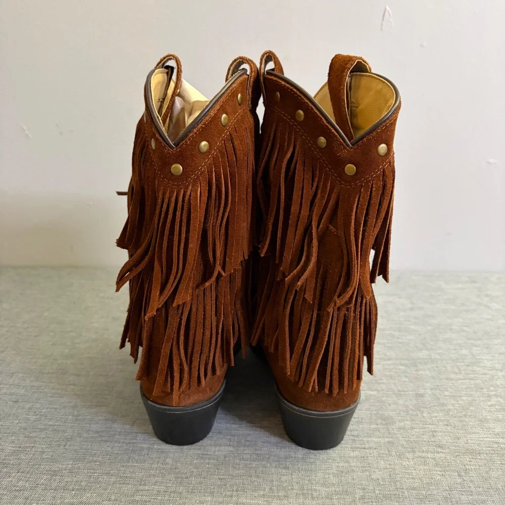 Shyanne Fringe Western Boots Girls Size 3 Brown Suede Leather Studded 43514C‎